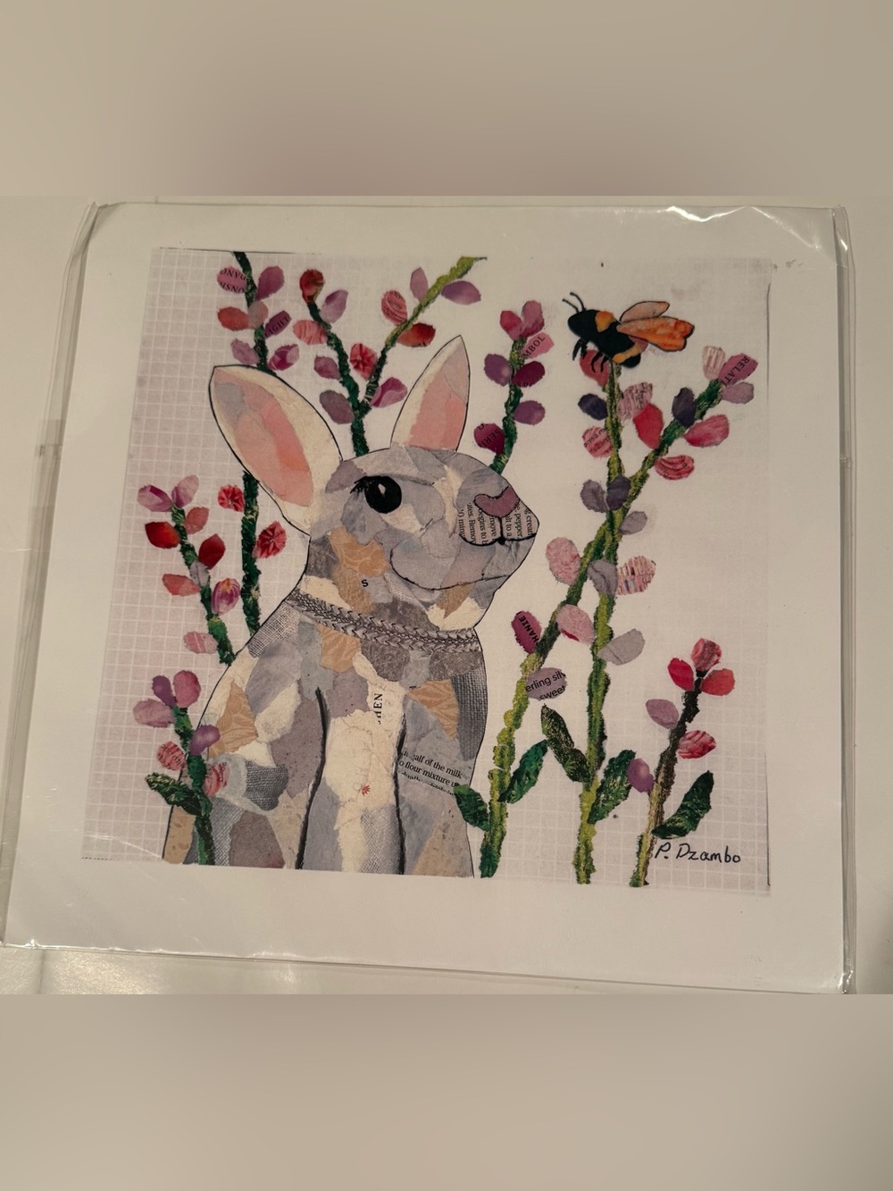 Handmade Bunny & Bee Collage Art Print in Pastel Pink and Green